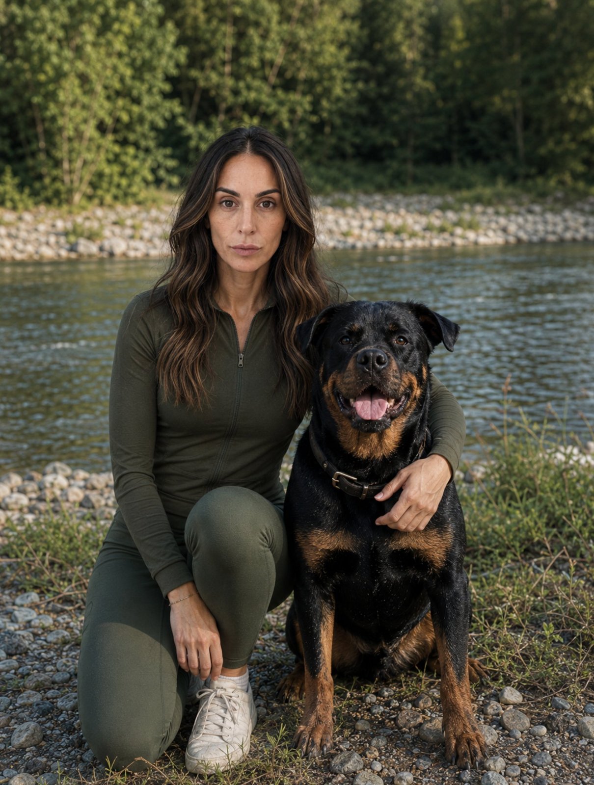 Alissa with Phoenix, her Rottweiler, by a river