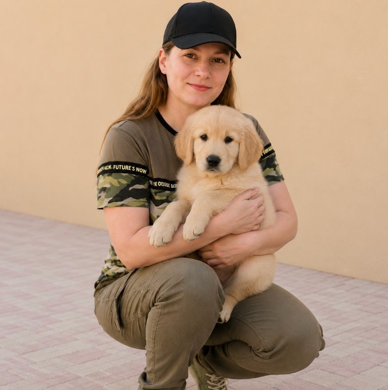 Liza, dog behaviourist, holding a golden retriever puppy